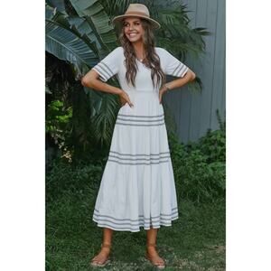 Petallush White Nautical Coastal Summer Maxi Dress Cottagecore Embroidered
